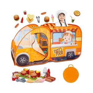 Food Truck Play Tent For Kids With 54 Pc. Play Food Set, Pop Up Playhouse With